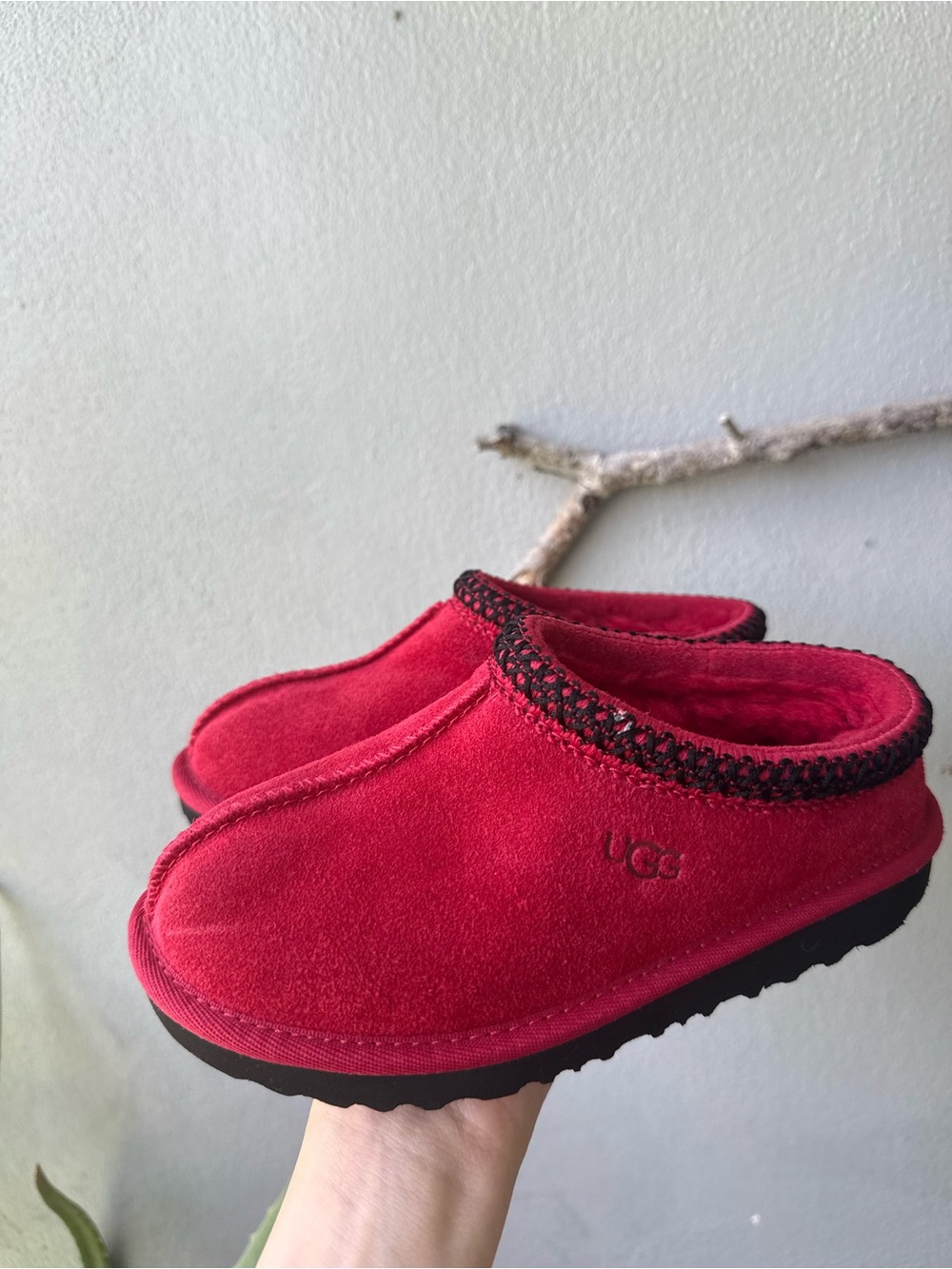 UGG Kids Red Suede Slip-On Mules with Black Trim